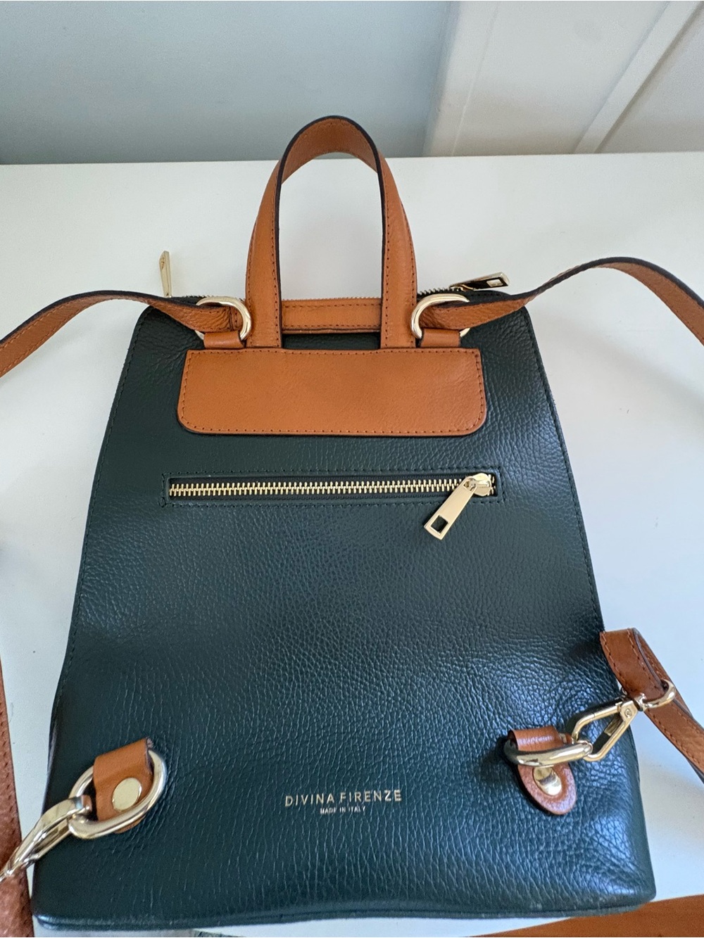 Divina Firenze Convertible Backpack Crossbody Leather Forest Green + Tan. Italy.